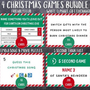 Spel kerstvriendelijke vete Kerst witte olifant cadeau uitwisseling spel Afdrukbaar kerstspel Emoji Christmas Think Fast Christmas-spel