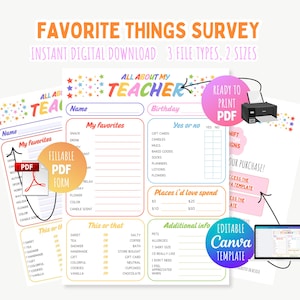 All About My Teacher Questionnaire for Gift Ideas, Teacher Favorite Things Printable, Get to Know Teacher Survey Editable Canva Template PDF