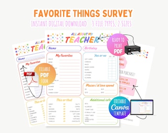 All About My Teacher Questionnaire for Gift Ideas, Teacher Favorite Things Printable, Get to Know Teacher Survey Editable Canva Template PDF