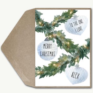 Gepersonaliseerde kerstkaart, aangepaste naam kerstboom kerstbal wenskaart One I Love, hem, haar, vrouw, echtgenoot, vriendin, vriend, partner