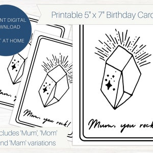 Carte d'anniversaire imprimable 5 x 7", modèle de carte numérique pour maman, maman, maman vous rock carte drôle, A4 PDF Téléchargement instantané, carte de jeu de mots d'anniversaire de maman