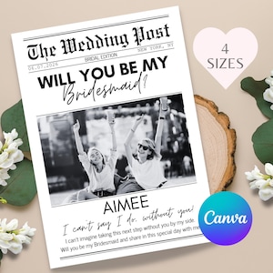 Modelo de jornal de casamento Você será meu cartão de madrinha para impressão Jornal de proposta de madrinha Cartão de proposta de madrinha para download digital