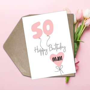 50. Geburtstagskarte Mama 50. Geburtstagskarte für Frauen 50. Geburtstagskarte für Mama Geburtstagskarte für Sie 50. alles Gute zum Geburtstag Fünfzig rosa Ballon
