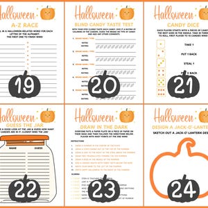 Op de afbeelding: Halloween-spelbladen met pompoenillustraties. Bevat spellen zoals A-Z Race, Blind Candy Taste Test, Candy Dice, Guess the Jar, Draw in the Dark en Design a Jack-O'-Lantern. Elk spel heeft een pompoengrafiek met een nummer.