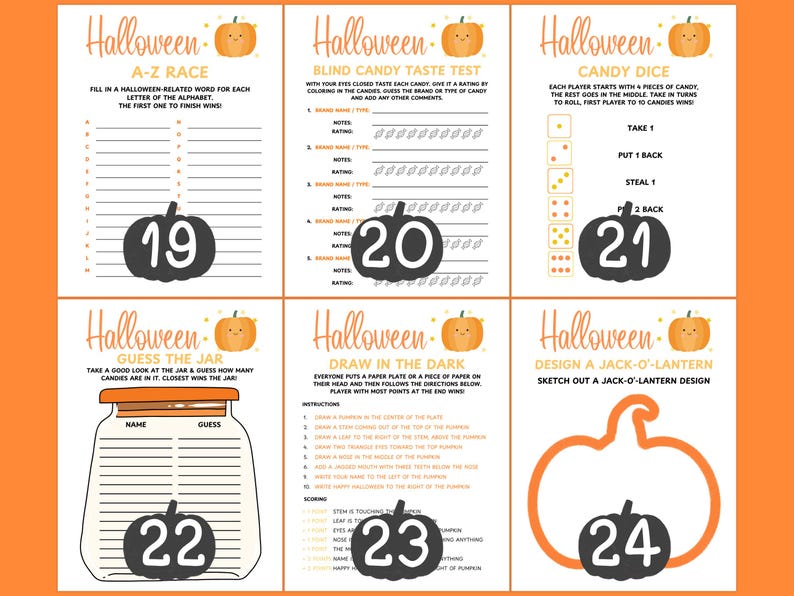 Op de afbeelding: Halloween-spelbladen met pompoenillustraties. Bevat spellen zoals A-Z Race, Blind Candy Taste Test, Candy Dice, Guess the Jar, Draw in the Dark en Design a Jack-O'-Lantern. Elk spel heeft een pompoengrafiek met een nummer.