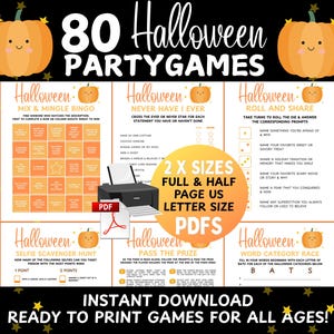 Op de afbeelding: Een digitale download met 80 Halloween-partyspellen. Het ontwerp bevat oranje pompoenen, sterren en spelprompts zoals "Mix & Mingle Bingo" en "Never Have I Ever". Verkrijgbaar in twee formaten, volledige en halve pagina, US letter size PDF's.