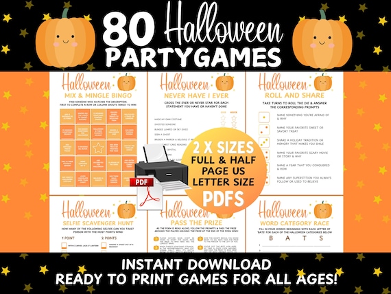 Halloween Game Bundle 80 Printable Halloween Party Games: Teen Halloween Activity, Kid Halloween Game, Adult Halloween Game Night Icebreaker