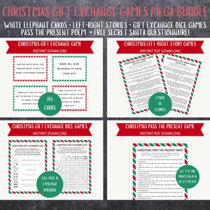 Juegos de intercambio de regalos de elefante blanco de izquierda a derecha, juego de pasar el presente de Navidad, cartas de juego de elefante blanco, juego de dados de intercambio de regalos de Navidad