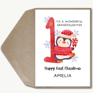 Carte de premier Noël personnalisée pour bébé, nom personnalisé 1er Noël carte de voeux pingouin cadeau souvenir petite-fille, petit-fils, petit-enfant