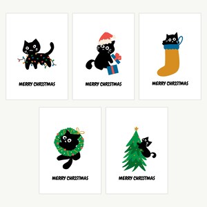 Lustig Schwarze Katze Weihnachtskarte 5er Pack, niedliche Katastrophe Weihnachtsbaumschmuck Kleine A6 Moderne Feiertage Blanko Grußkarte Katze Mama Katze Papa