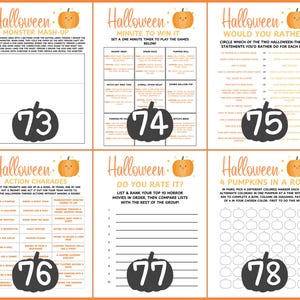 Op de afbeelding: Een verzameling Halloween-thema's afdrukbare spelvellen. Elke vel heeft een pompoenafbeelding en een ander spel, waaronder "Monster Mash-Up", "Minute to Win It" en "Would You Rather". De vellen staan op een oranje achtergrond.