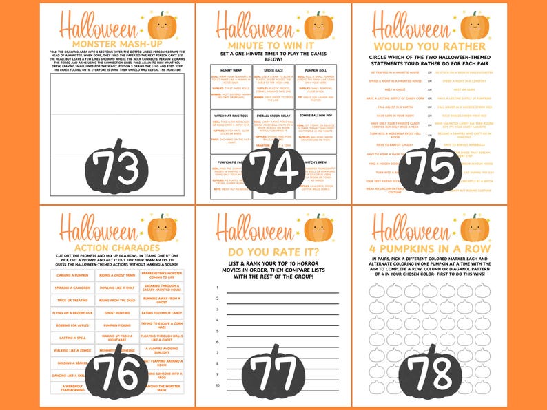 Op de afbeelding: Een verzameling Halloween-thema's afdrukbare spelvellen. Elke vel heeft een pompoenafbeelding en een ander spel, waaronder "Monster Mash-Up", "Minute to Win It" en "Would You Rather". De vellen staan op een oranje achtergrond.
