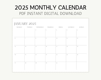 Agenda Mensal Minimalista 2025 Calendário Mensal Calendário Imprimível 2025 Calendário PDF Calendário 2025 Calendário de Parede 2025 Calendário Minimalista 2025