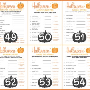 Op de afbeelding: Zes Halloween-thema spelvellen met oranje randen en pompoen illustraties. Elke vel bevat een ander spel: Monster Movie Match, Movie Quotes, Which Witch, Vampire Hunt, Guess the Ghoul en Haunted Houses. De vellen zijn genummerd 49, 50, 51, 52, 53 en 54.