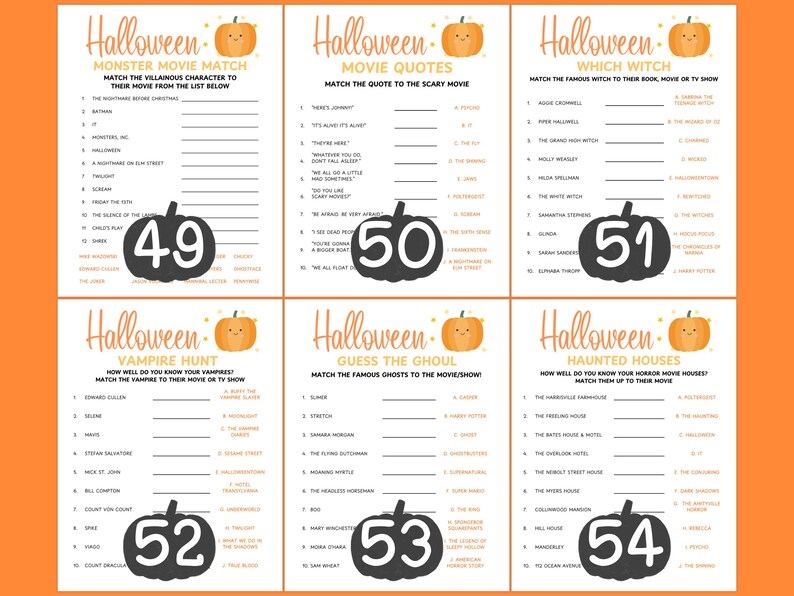 Op de afbeelding: Zes Halloween-thema spelvellen met oranje randen en pompoen illustraties. Elke vel bevat een ander spel: Monster Movie Match, Movie Quotes, Which Witch, Vampire Hunt, Guess the Ghoul en Haunted Houses. De vellen zijn genummerd 49, 50, 51, 52, 53 en 54.