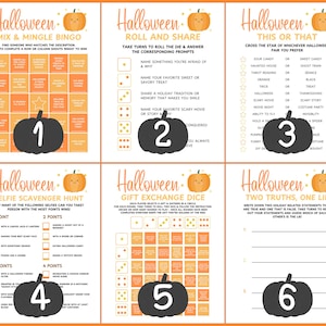 Op de afbeelding: Zes Halloween-spelbladen met oranje en witte achtergronden. Elk blad bevat een pompoenafbeelding en een ander spel: Bingo, Roll and Share, This or That, Selfie Scavenger Hunt, Gift Exchange Dice en Two Truths, One Lie.