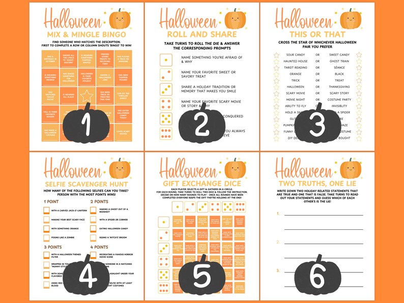 Op de afbeelding: Zes Halloween-spelbladen met oranje en witte achtergronden. Elk blad bevat een pompoenafbeelding en een ander spel: Bingo, Roll and Share, This or That, Selfie Scavenger Hunt, Gift Exchange Dice en Two Truths, One Lie.