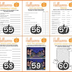 Op de afbeelding: Een set van zes Halloween-thema game printables. Spellen zijn onder andere Friendly Feud, Fact or Fiction, Trivia, Which Came First?, Spot the Difference en een Haunted House Maze. Elk spel heeft een pompoenafbeelding.