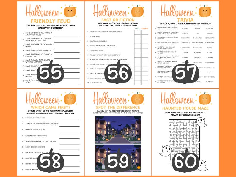 Op de afbeelding: Een set van zes Halloween-thema game printables. Spellen zijn onder andere Friendly Feud, Fact or Fiction, Trivia, Which Came First?, Spot the Difference en een Haunted House Maze. Elk spel heeft een pompoenafbeelding.