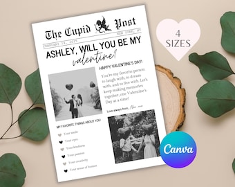 Plantilla de periódico de San Valentín Canva Periódico del día de San Valentín The Cupid Post Tarjeta ¿Serás mi Valentín? Regalo de San Valentín Tarjeta del día de San Valentín