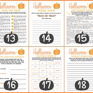 Op de afbeelding: Printbare Halloween-spelbladen met oranje en zwarte ontwerpen. Bevat spellen als "Pass the Prize", "Word Game" en "Left-Right Game". Elk blad heeft een pompoenafbeelding en een groot nummer.