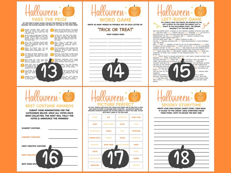 Op de afbeelding: Printbare Halloween-spelbladen met oranje en zwarte ontwerpen. Bevat spellen als "Pass the Prize", "Word Game" en "Left-Right Game". Elk blad heeft een pompoenafbeelding en een groot nummer.