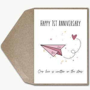 Jolie carte 1er anniversaire de mariage pour femme, amour écrit en étoiles, premier anniversaire de mariage drôle, jeu de mots avec avion en papier, petite amie de 1 an, petit ami