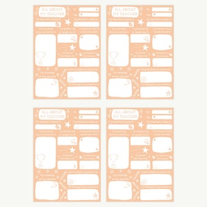Pacote de 4 cartões de agradecimento personalizados, tudo sobre meu professor, preenchimento engraçado de espaços em branco, questionário para crianças pequenas, presente de lembrança de final de período escolar