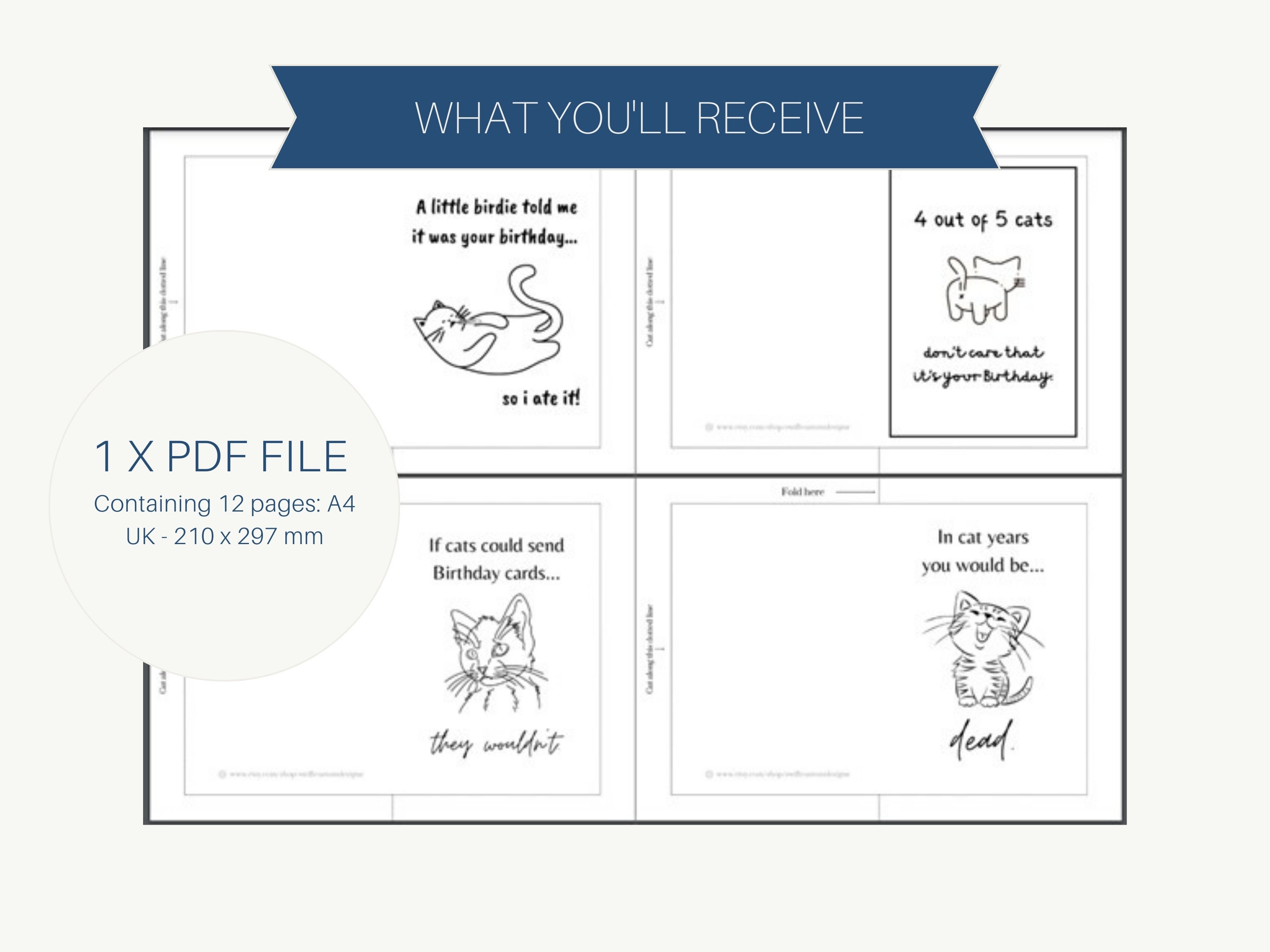 Printable Funny Cat Birthday Cards Pack of 12, Cat Mum Birthday Card ...