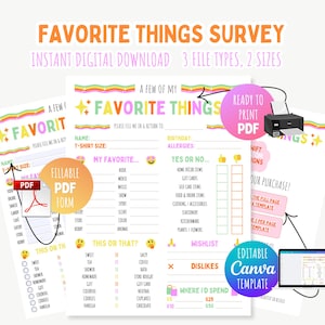 My Favorite Things List Team Building Questionnaire Get To Know Me Employee Favorites, Coworker All About Me Printable Gift Idea Staff Form