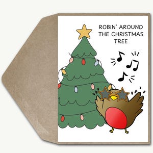 Carte de Noël drôle de sapin de Noël de Robin autour, carte de Noël de blague de chanson de rock festive, carte de voeux de vacances pour lui, elle, ami, papa, maman