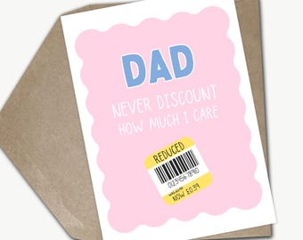 Dad Never Discount How Much I Care Funny Birthday Card, Funny Fathers Day Card, Dad Greeting Card, Dad Joke Yellow Reduced Sticker Prank Pun
