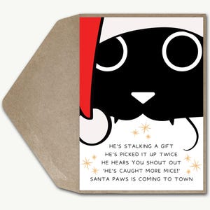 Carte de Noël drôle de chat noir avec les pattes du père Noël, carte de Noël de blague de jeu de mots chanson festive, carte de voeux mignonne de vacances papa chat, carte de Noël idiote de maman de chat