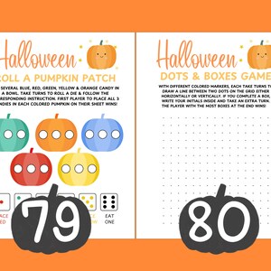 Op de afbeelding: Twee pagina's Halloween-spelafdrukken met een oranje rand. E&eacute;n pagina bevat een "Roll a Pumpkin Patch"-spel met kleurrijke pompoenillustraties. De andere pagina is een "Dots & Boxes Game" met een raster.