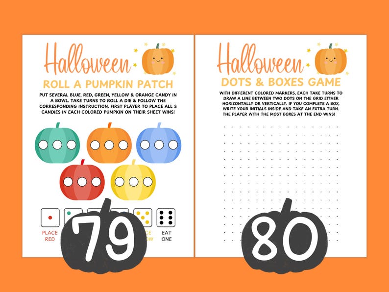 Op de afbeelding: Twee pagina's Halloween-spelafdrukken met een oranje rand. E&eacute;n pagina bevat een "Roll a Pumpkin Patch"-spel met kleurrijke pompoenillustraties. De andere pagina is een "Dots & Boxes Game" met een raster.