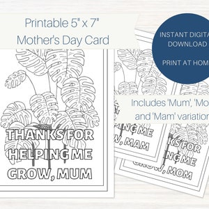 Carte de fête des mères imprimable 5 x 7", modèle de carte numérique pour maman, maman, maman, merci maman de m'avoir aidé, carte maman plante, téléchargement PDF instantané