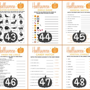 Op de afbeelding: Een set van zes afdrukbare spelvellen met Halloween-thema. De spellen omvatten een skeletjacht, emoji-spel, muzikale match, finish the lyrics, candy match en spirituele symbolen. Elk vel heeft een pompoenafbeelding en een nummer.