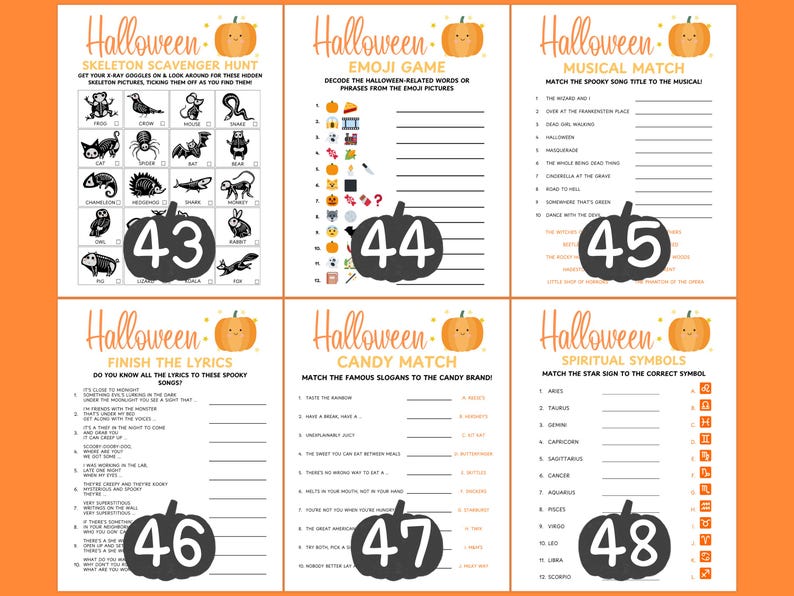 Op de afbeelding: Een set van zes afdrukbare spelvellen met Halloween-thema. De spellen omvatten een skeletjacht, emoji-spel, muzikale match, finish the lyrics, candy match en spirituele symbolen. Elk vel heeft een pompoenafbeelding en een nummer.