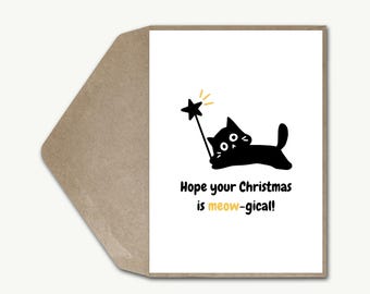 Tarjeta navideña de gato negro, divertida tarjeta navideña de gato, tarjeta navideña festiva con chiste de gato, linda tarjeta de felicitación navideña para mamá gata, amante de los gatos, dueño de mascota