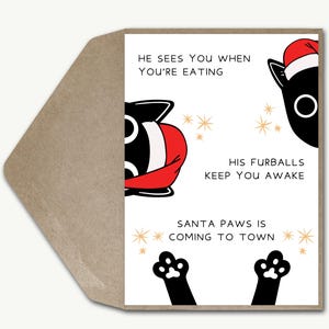 Carte de Noël drôle de chat noir Santa Paws, carte de Noël de blague de jeu de mots de chanson de fête, carte de voeux mignonne de vacances papa de chat, maman de chat, propriétaire d'animal de compagnie d'amant de chat