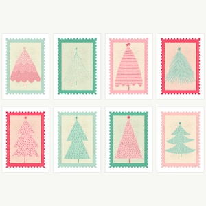 Lot de 16 cartes de sapin de Noël Mignons tampons roses et verts Sapin de Noël Cartes de voeux de Noël Lot de 16 Cartes saisonnières amusantes à assortir Cartes festives