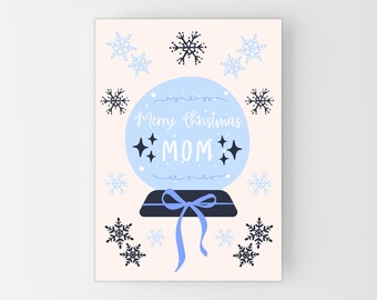 Mom Christmas Card - Merry Christmas Card For Mom, Blue Bow Snow Globe Modern Aesthetic Holiday Greeting Xmas Card