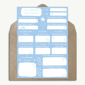 Todo sobre mi tarjeta del día del padre de papá Niño divertido llenar espacios en blanco Entrevista infantil Cuestionario de preguntas y respuestas para niños pequeños Recuerdo Tarjeta de cumpleaños personalizada