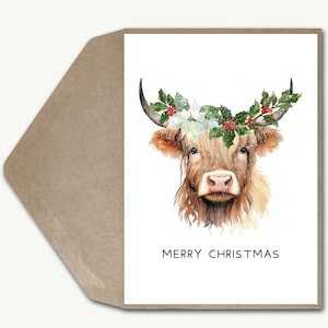 Carte de Noël vache Highland, carte de joyeux Noël écossais Highland Coo, carte de voeux de vacances mignon moderne Glasgow carte de Noël animal fille