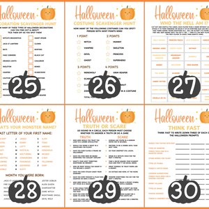 Op de afbeelding: Een set van zes Halloween-spelkaarten met oranje en witte achtergronden. Elke kaart heeft een pompoenafbeelding en een ander spel, waaronder een speurtocht en een quiz. De nummers 25, 26, 27, 28, 29 en 30 staan op de kaarten.