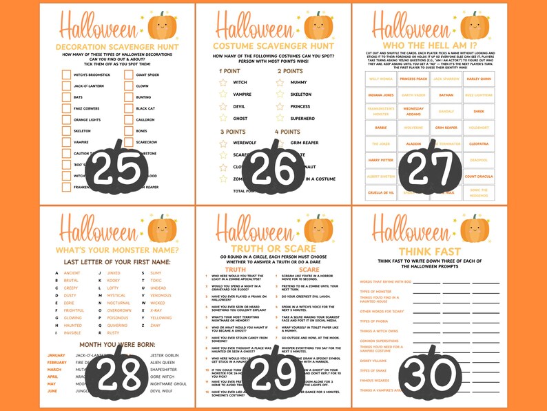 Op de afbeelding: Een set van zes Halloween-spelkaarten met oranje en witte achtergronden. Elke kaart heeft een pompoenafbeelding en een ander spel, waaronder een speurtocht en een quiz. De nummers 25, 26, 27, 28, 29 en 30 staan op de kaarten.