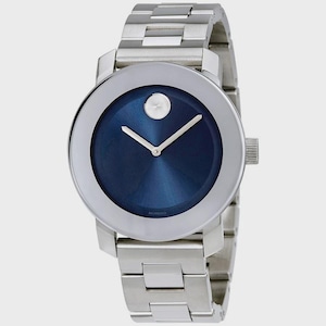May include: A stainless steel wristwatch with a round, blue face and silver hands. The watch has a silver bezel and a matching stainless steel band. The brand name "Movado" is printed at the bottom of the watch face.