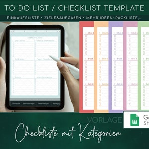 Op de afbeelding: Een digitale checklist sjabloon op een tablet, met de tekst "TO DO LIST / CHECKLIST TEMPLATE" bovenaan. Het scherm toont een boodschappenlijst met selectievakjes. Extra kleurrijke checklistsjablonen worden getoond. De afbeelding bevat ook het Google Sheets logo.