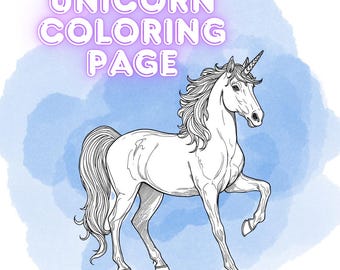 May include: A black and white line drawing of a unicorn with a flowing mane and tail, set against a blue watercolor background. The text "UNICORN COLORING PAGE" is displayed in a glowing purple font at the top.