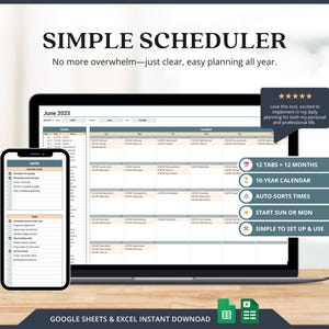 Puede incluir: Un portátil y un smartphone muestran un planificador digital con el texto "SIMPLE SCHEDULER". La pantalla muestra un calendario de junio de 2025. Las características incluyen 12 meses, un calendario de 10 años y tiempos de clasificación automática. El planificador está diseñado para una planificación fácil.